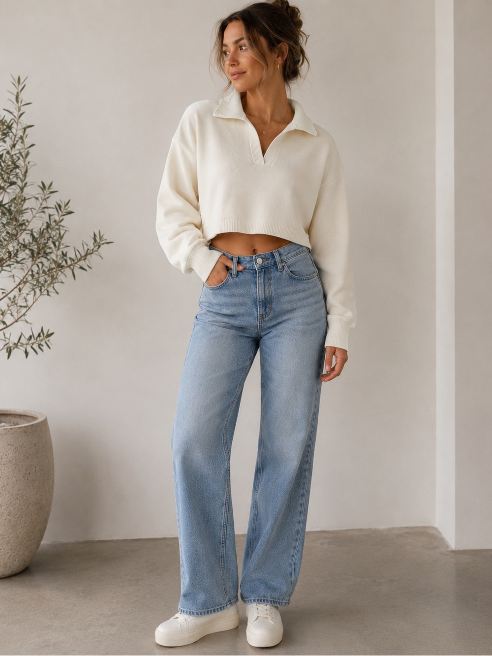 Z Supply Cropped Collared Sweatshirt – Women’s Medium – Cream
